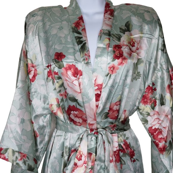 Vintage California Dynesty Full Length Satin Robe Green Floral Shoulder Pads NEW - Picture 3 of 12